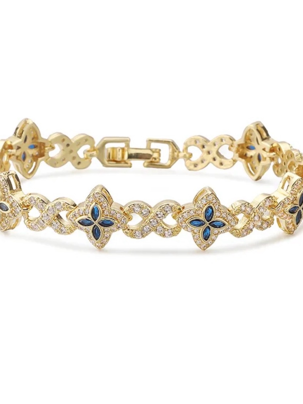 Gold-Tone Blue Sapphire Color Clover and Infinity Link Bracelet